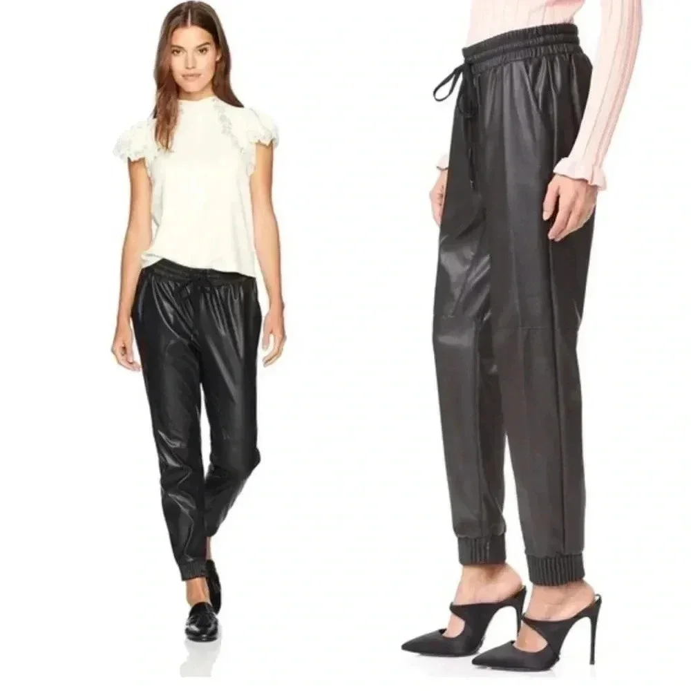 Rebecca Taylor Faux Leather Joggers Size 6 Soft Vegan Pants Pull On - Picture 1 of 5
